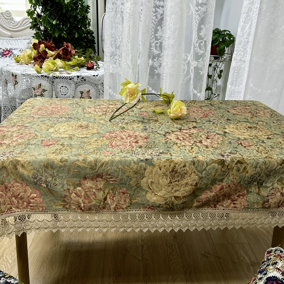 LX003-4棉麻（130*180cm长方)复古色大朵牡丹棉麻桌布