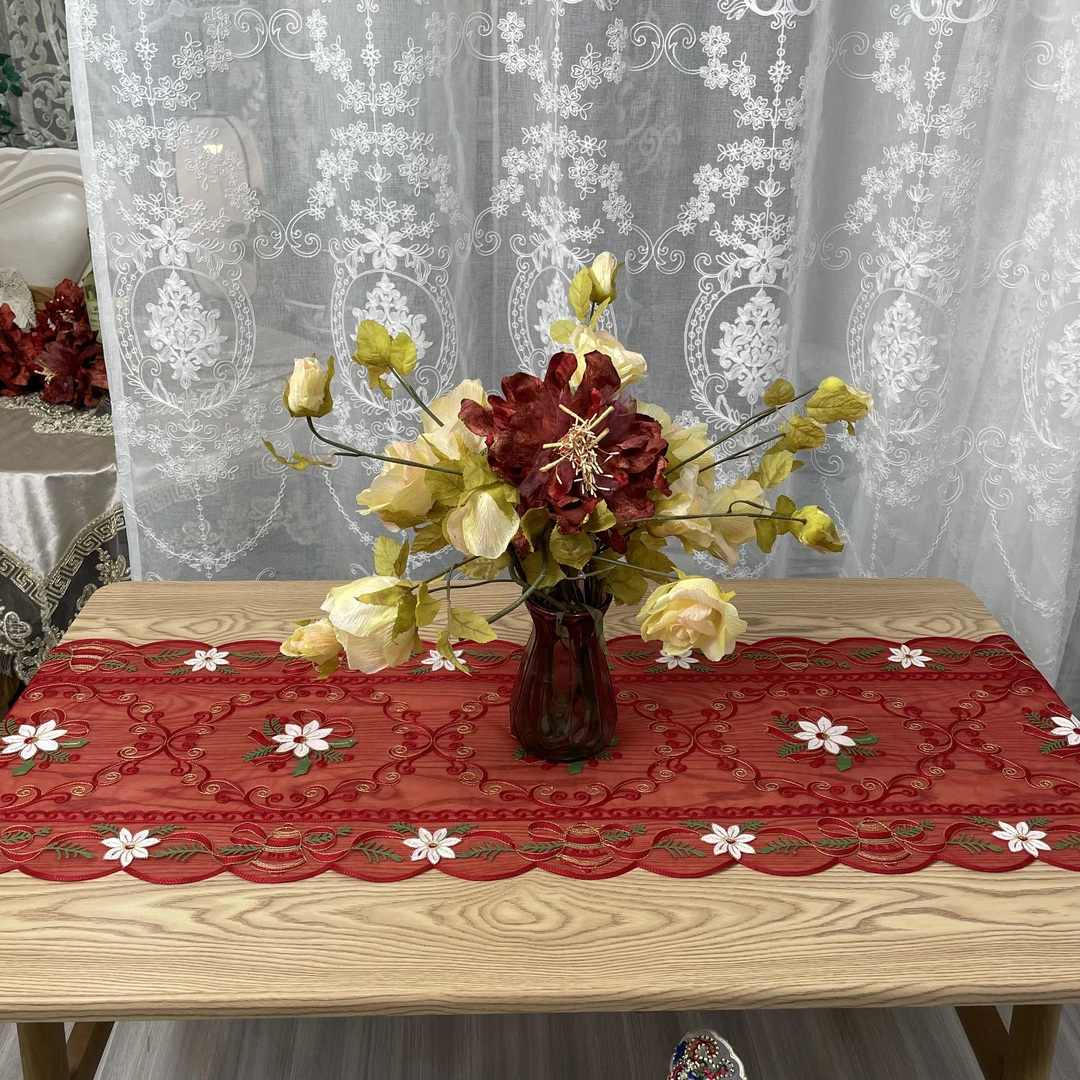 DY009-20玻璃纱(40*180cm长方 ）红色车轱绣桌旗