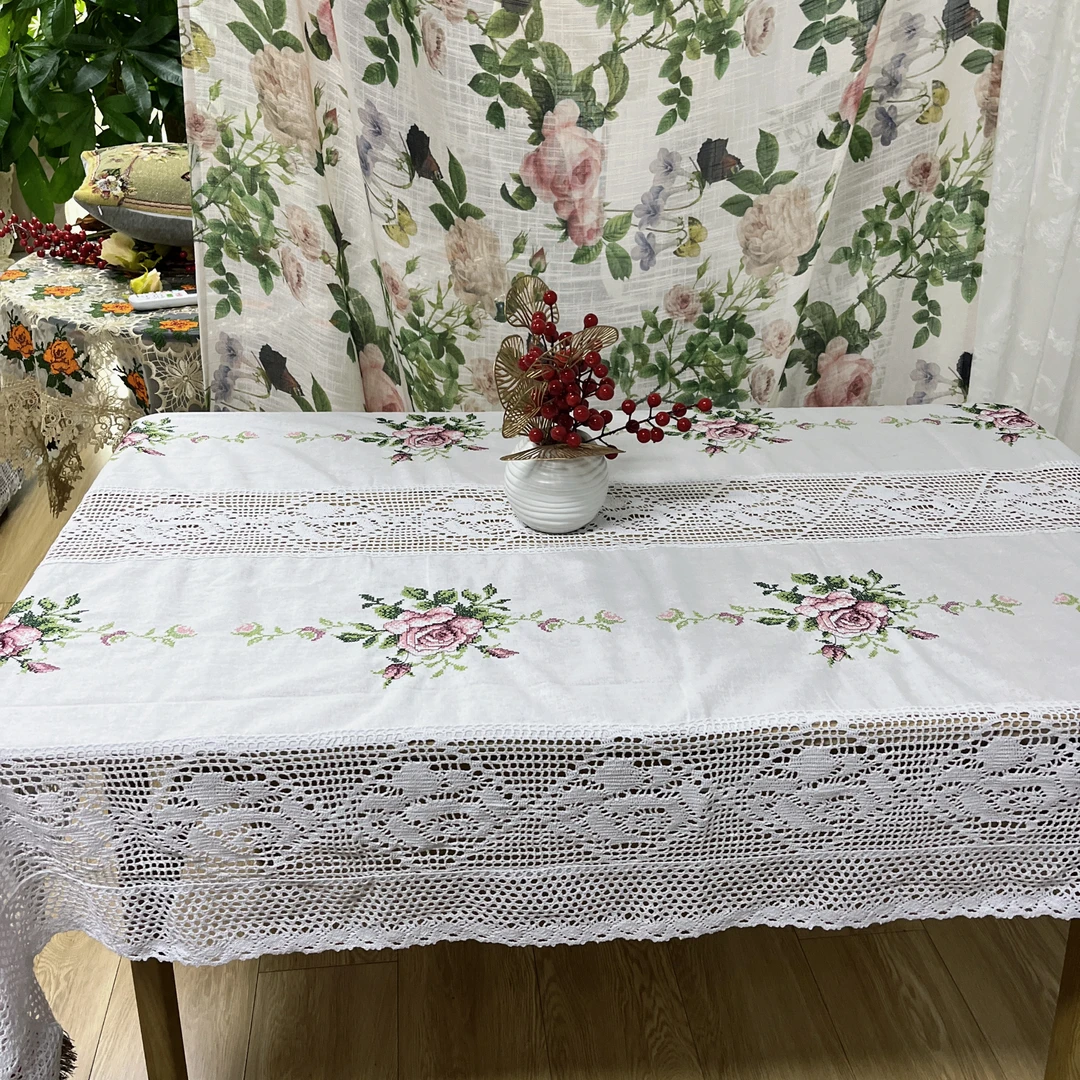 DY081-1棉质（130*175cm）白色十字绣浅粉牡丹花桌布