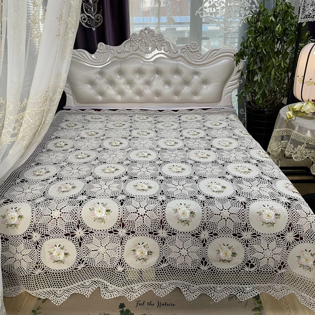 DY189-20棉质（180*200cm）米色手工钩针丝带绣床盖