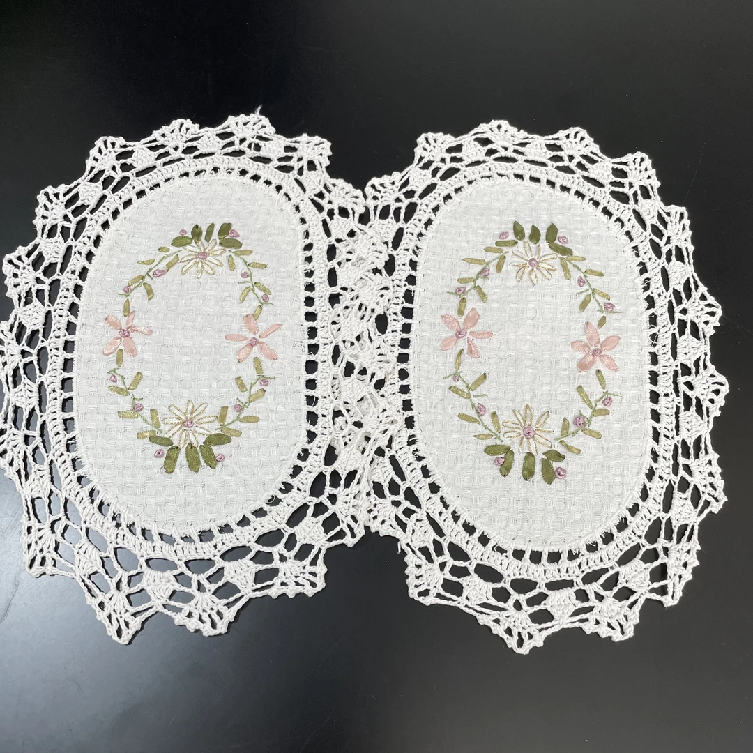 8909-3棉质（23*30cm椭圆）白色手工丝带绣钩针餐垫