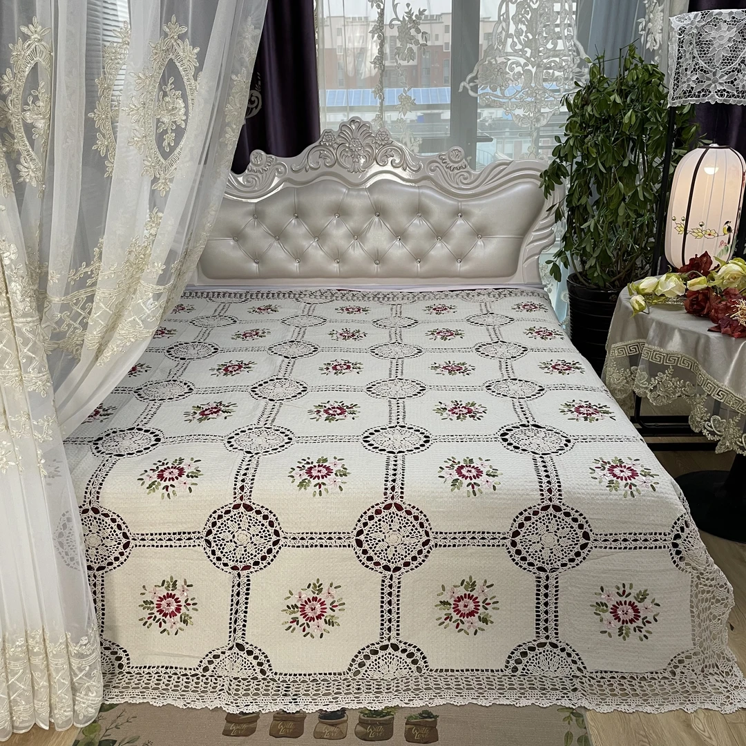 DY189-23棉质（180*200cm）红花手工钩针丝带绣床盖