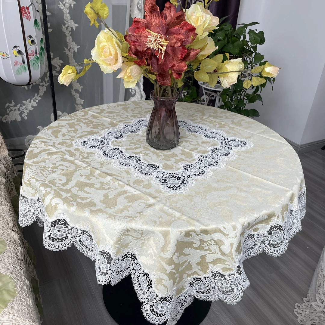 DY226-6棉质（110cm圆）米色凤尾布提花工艺水溶花边镂空桌布diy