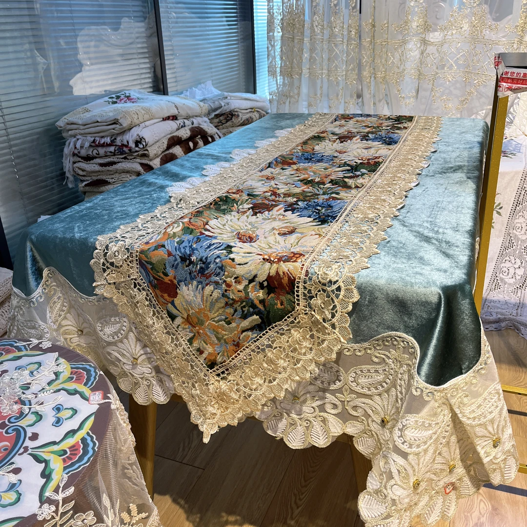 DY247-5棉麻（40*220cm）绿色菊花花边蕾丝边盖巾