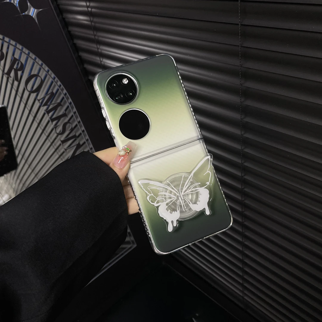 适用华为P50pocket手机壳创意蝴蝶支架半透磨砂渐变IMD保护壳潮流