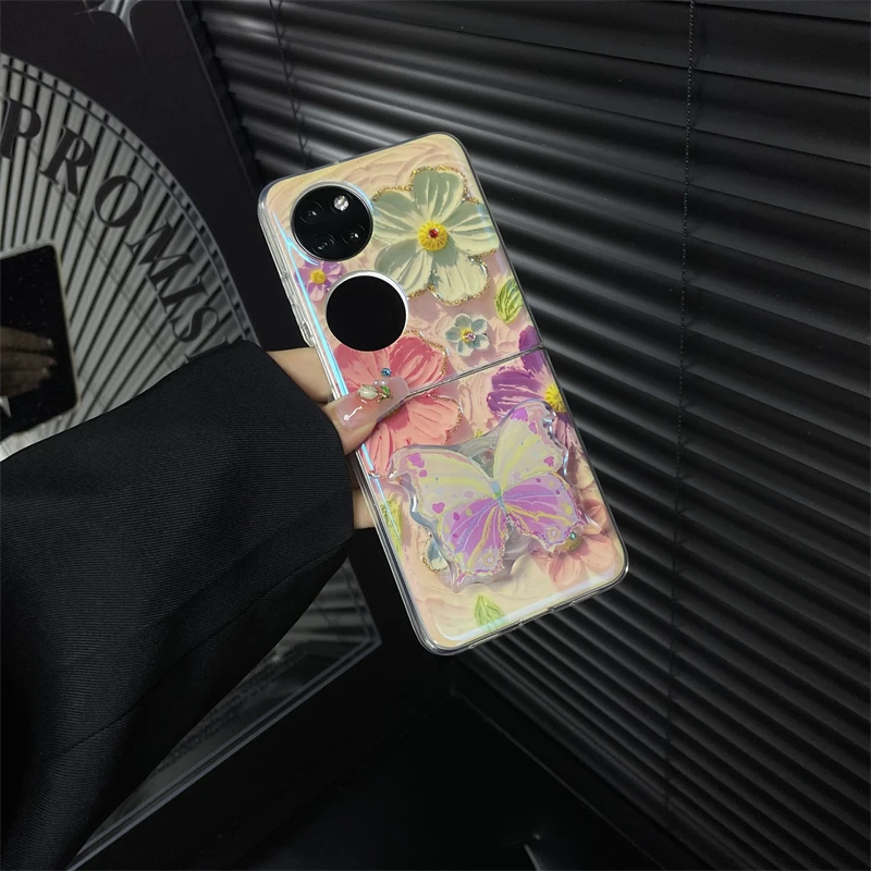 适用于华为p50pocket手机壳高档时尚pockets保护壳蓝光点钻油画花