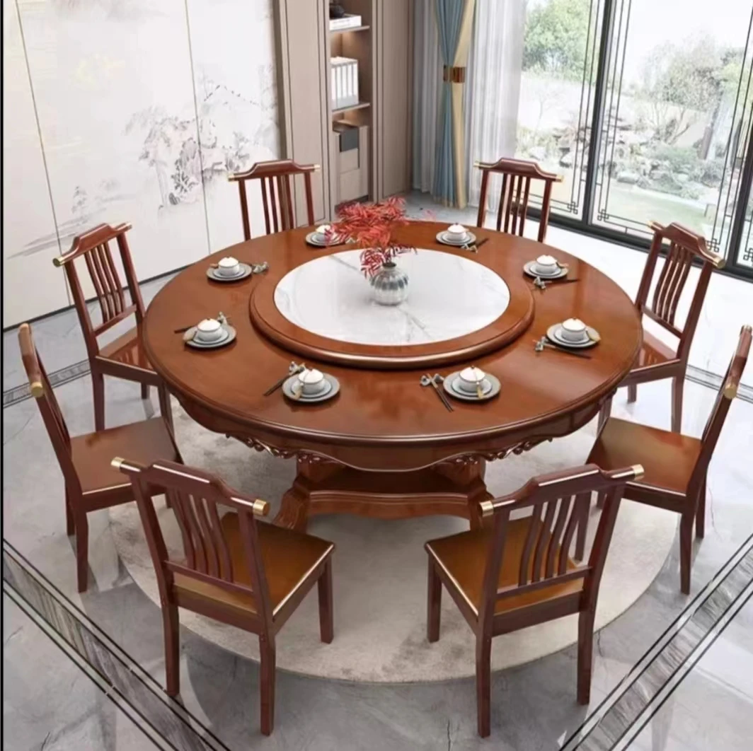 新中式实木圆桌餐桌电磁炉岩板餐桌椅组合家用饭店可用10人圆形桌