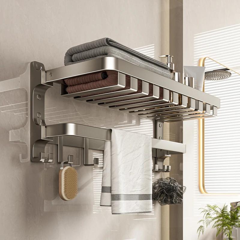 枪灰免打孔卫生间浴巾架壁挂毛巾架太空铝洗澡间置物架用居家好物
