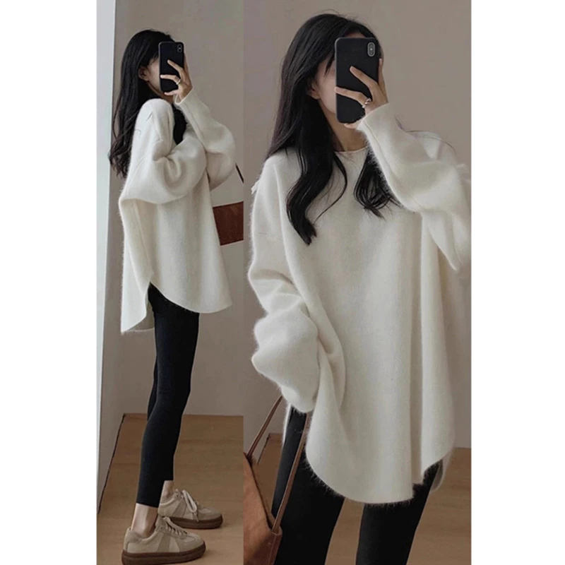 拉夏贝尔浣熊毛衣女秋冬中长款日系慵懒复古风开叉套头黑色毛衣