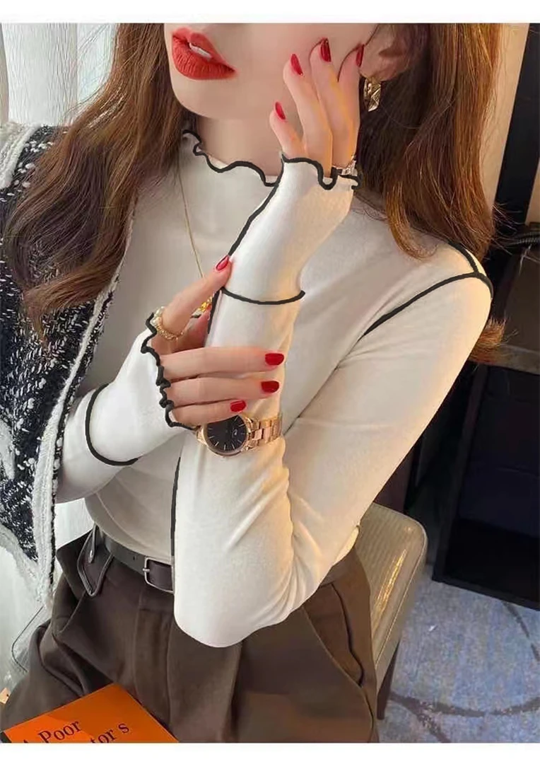 2024新款木耳边打底衫秋冬半高领双面德绒显瘦百搭加绒时尚修身