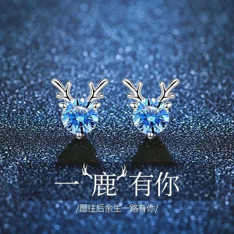 S925银锆石耳钉女气质迷你鹿角高级感耳环ins睡觉不用摘的耳饰
