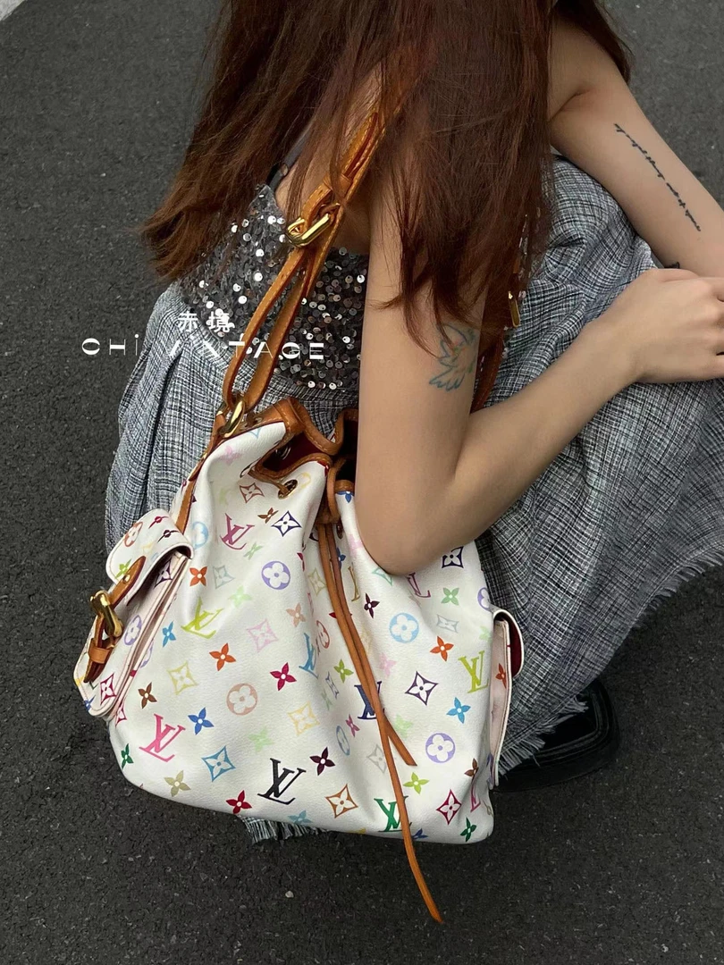 95新 LouisVuitton/路易威登 3449 白三彩水桶单肩包 11