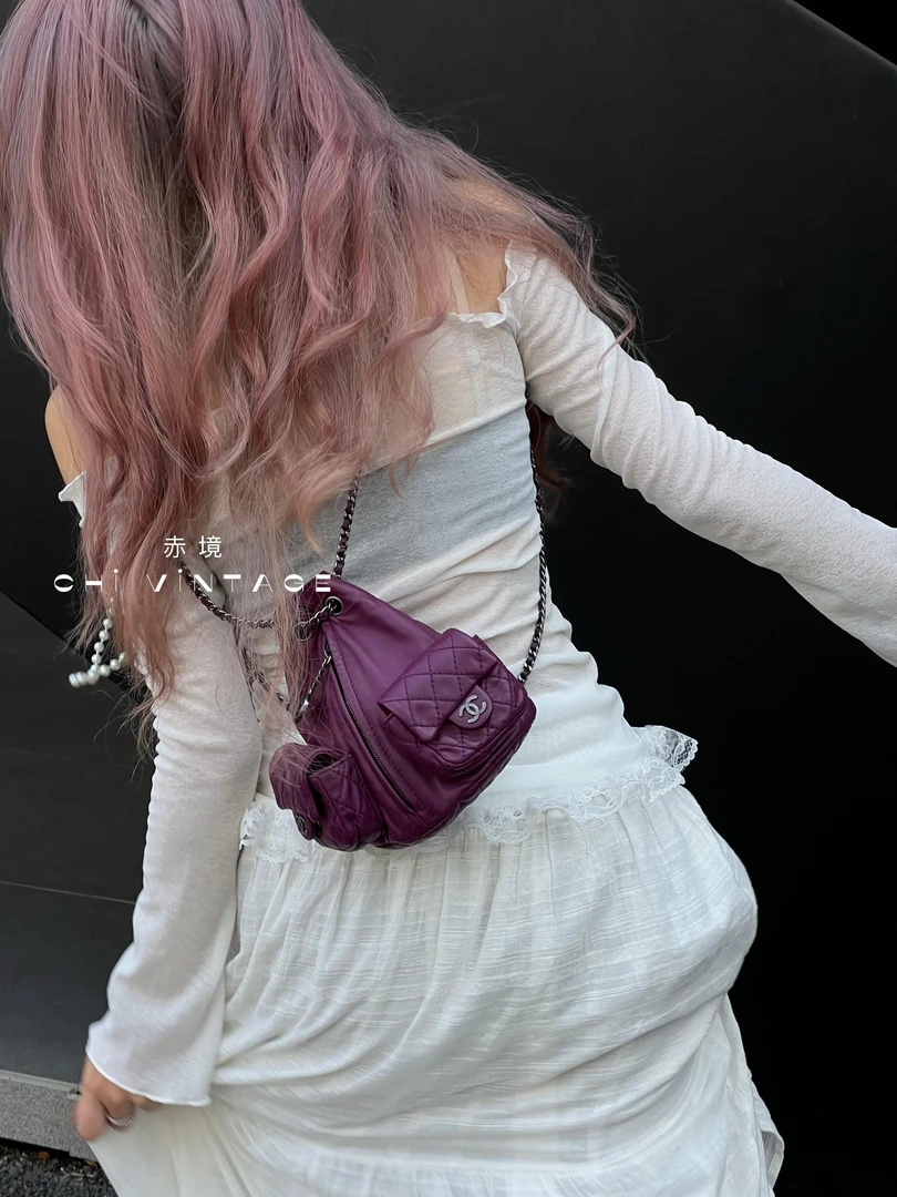 95新 Chanel/香奈儿 4558 紫色青蛙包双肩mini12-13