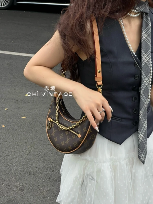 95新 LouisVuitton/路易威登 7200 棕色老花豌豆月亮包loop单肩包