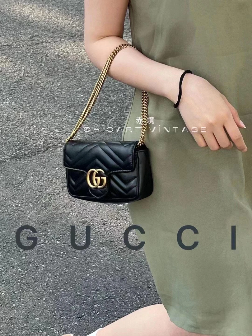 95新 GUCCI/古驰 8441 黑金马蒙super mini斜挎包