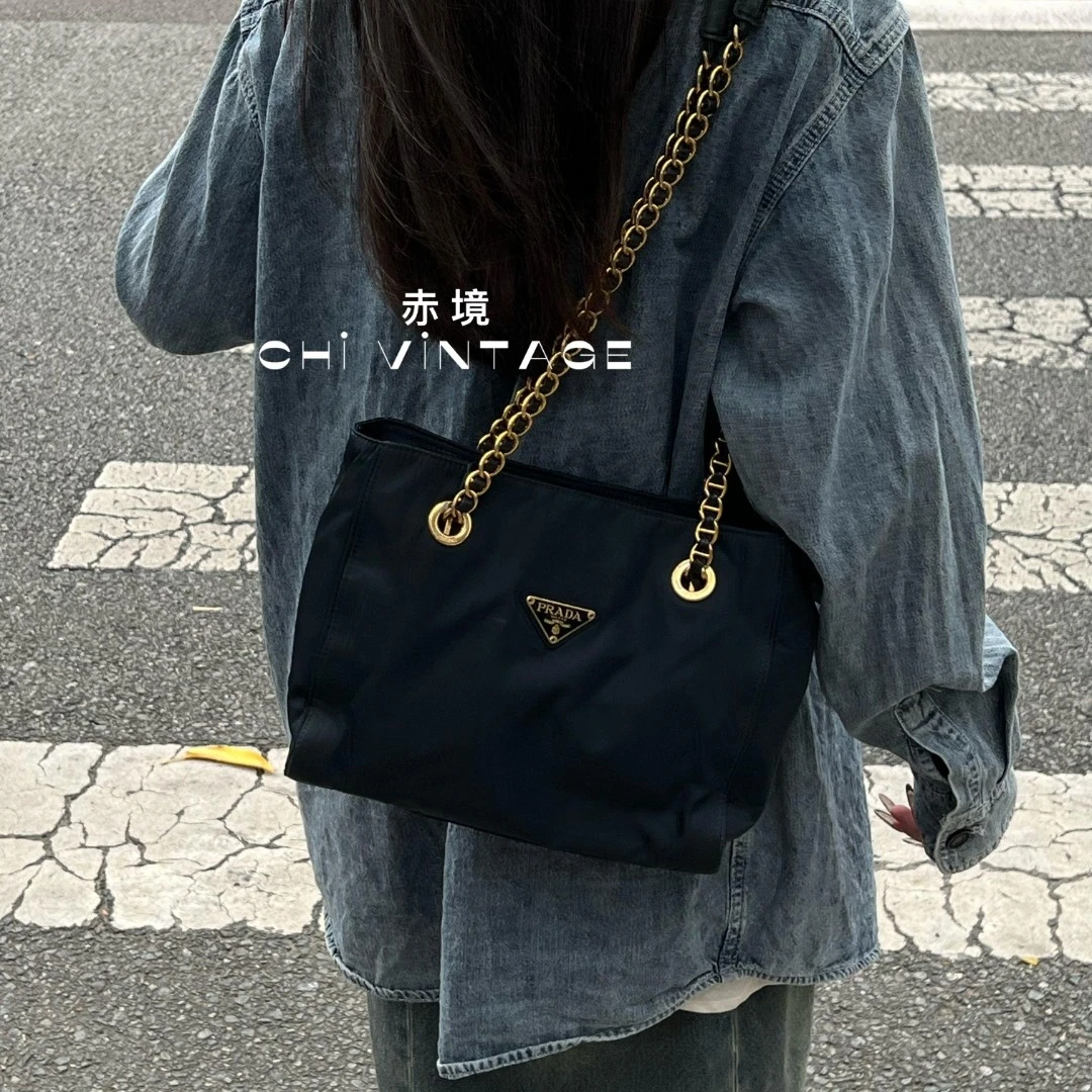 95新 Prada/普拉达 9764 蓝金拉链降落伞25单肩包小众