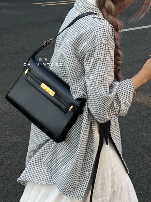 95新 YSL/圣罗兰 5098 黑金曼哈顿单肩包中号