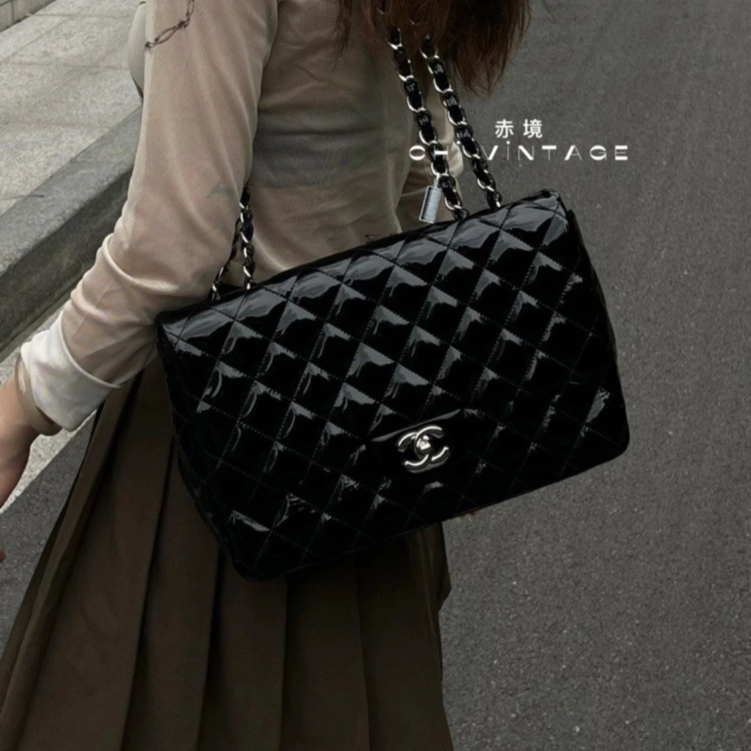 95新 Chanel/香奈儿 1929 黑银漆皮jumbo时尚翻盖单肩包13-14