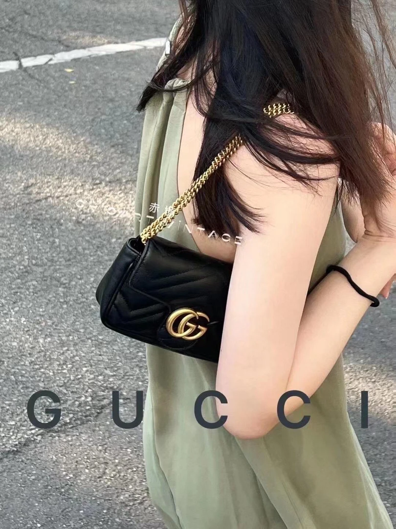 95新 GUCCI/古驰 3024 黑金马蒙marmont迷你mini斜挎包