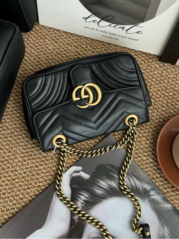 95新 GUCCI/古驰 9938 黑金马蒙marmont22时尚百搭单肩包黑色