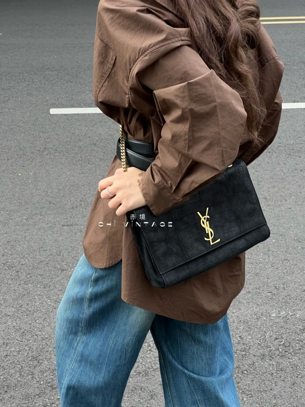 95新 YSL/圣罗兰 6776 鳄压纹双面Kate单肩包