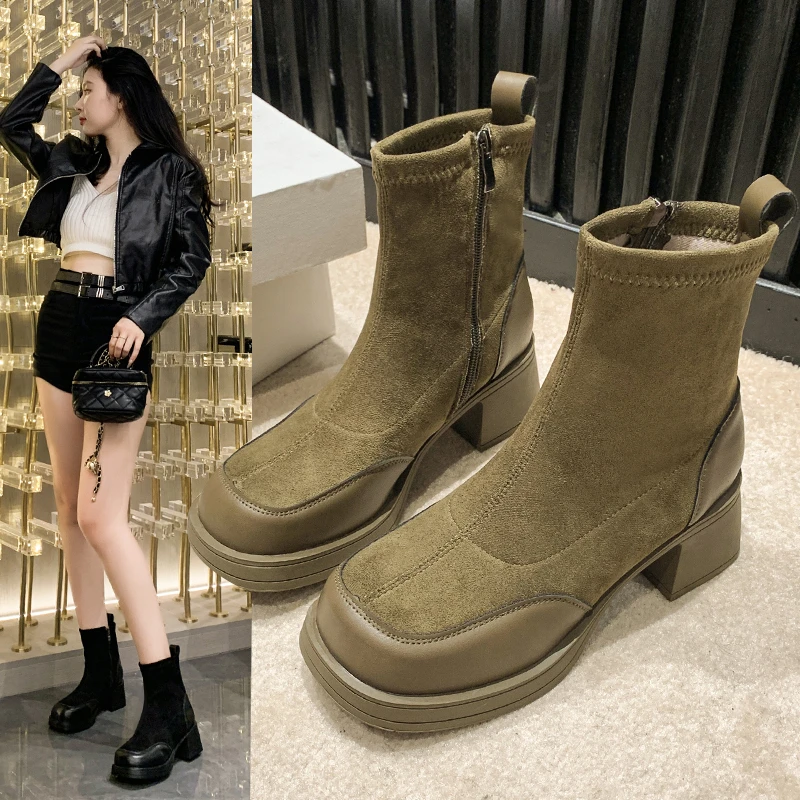 黑色网红短靴女2023新款超火弹力瘦瘦靴粗跟马丁靴百搭秋冬小踝靴