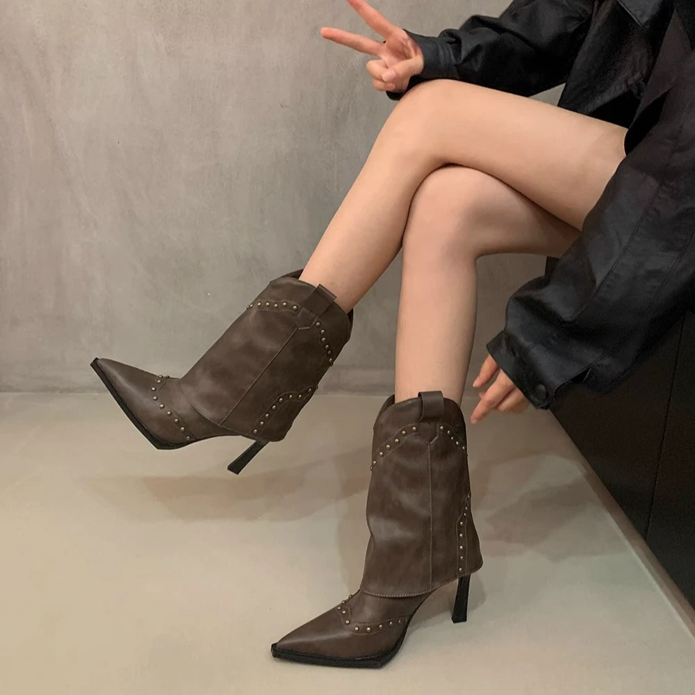 尖头细跟复古靴子女高跟裤管靴2025秋冬新款显瘦牛仔靴V口骑士靴
