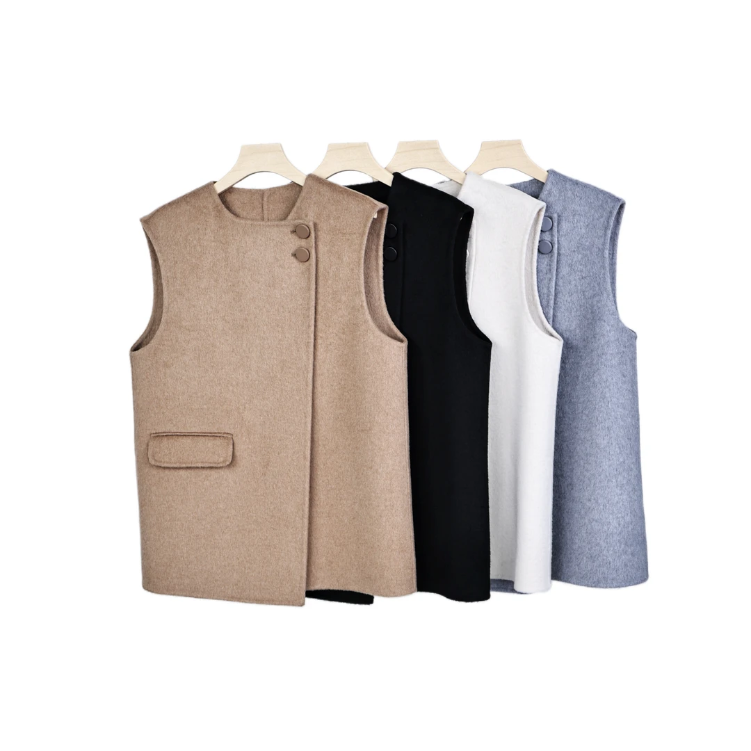2024秋冬百搭背心坎肩圆领纯色休闲宽松双面毛呢外套