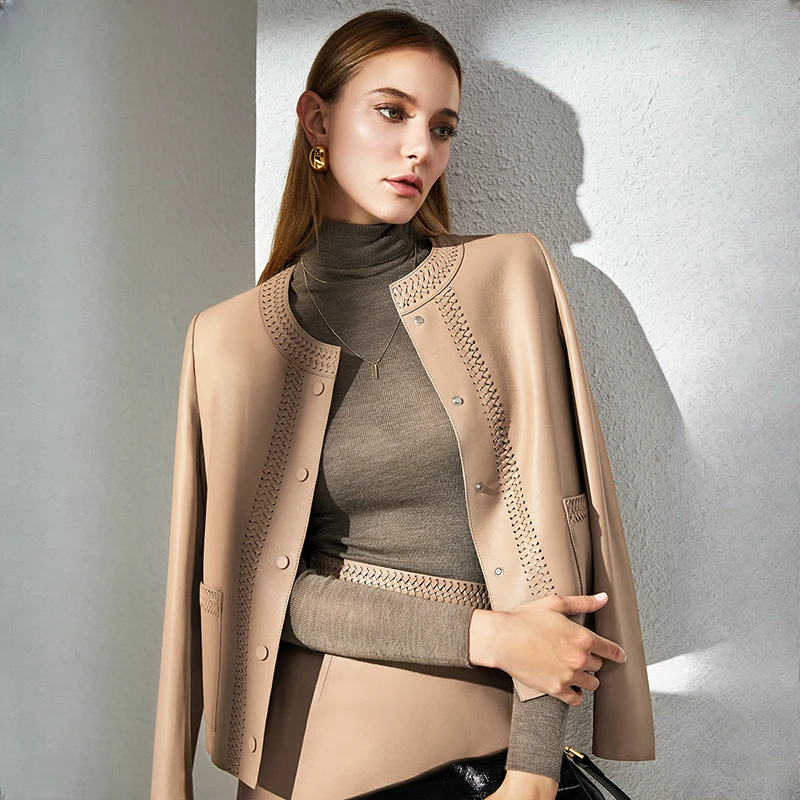 法式轻奢重工编织无涂绵羊皮宽松短款真皮皮衣外套女修身百搭舒适