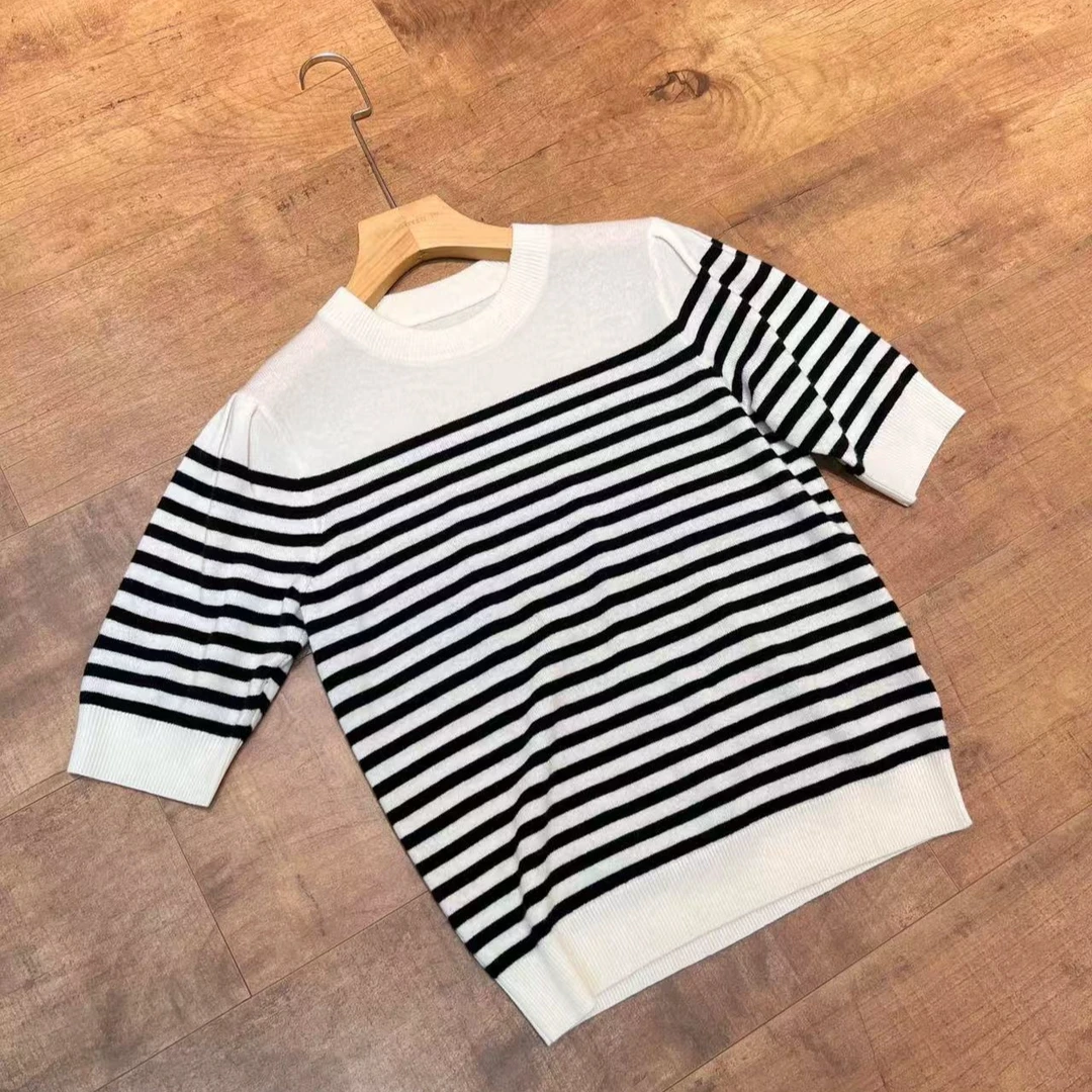 羊 绒美丽诺羊 毛条纹半袖