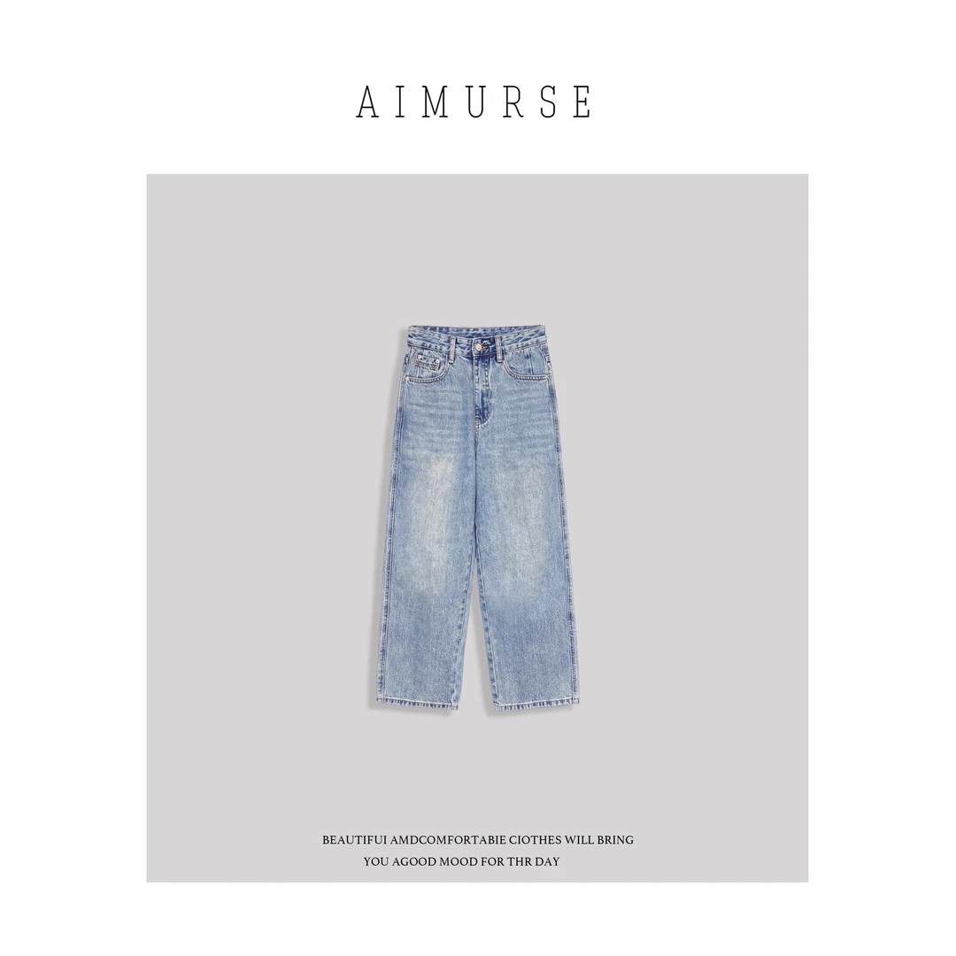 AIMURSE 小众设计师 女士百搭高腰显瘦简约休闲直筒牛仔裤 AM1161