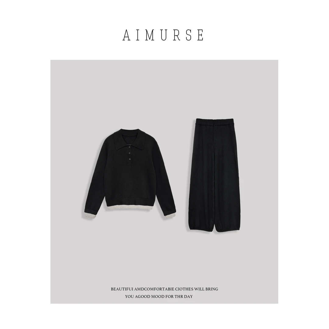 AIMURSE 小众设计师 假两件上衣裤子休闲百搭时尚套装 AM986