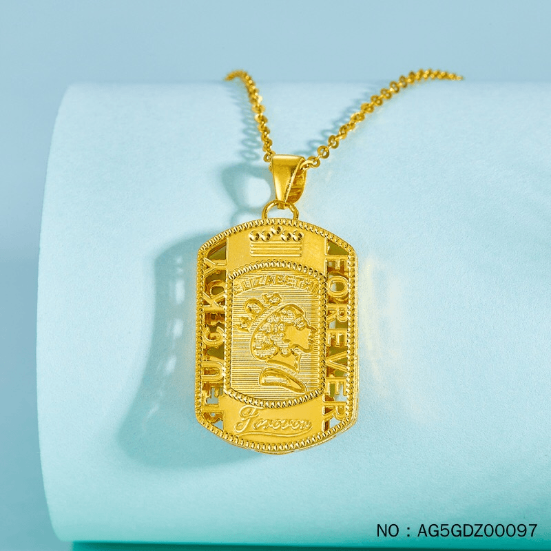 足金999女皇牌FOREVER LUCKY女王车花CNC方牌黄金吊坠项链复古