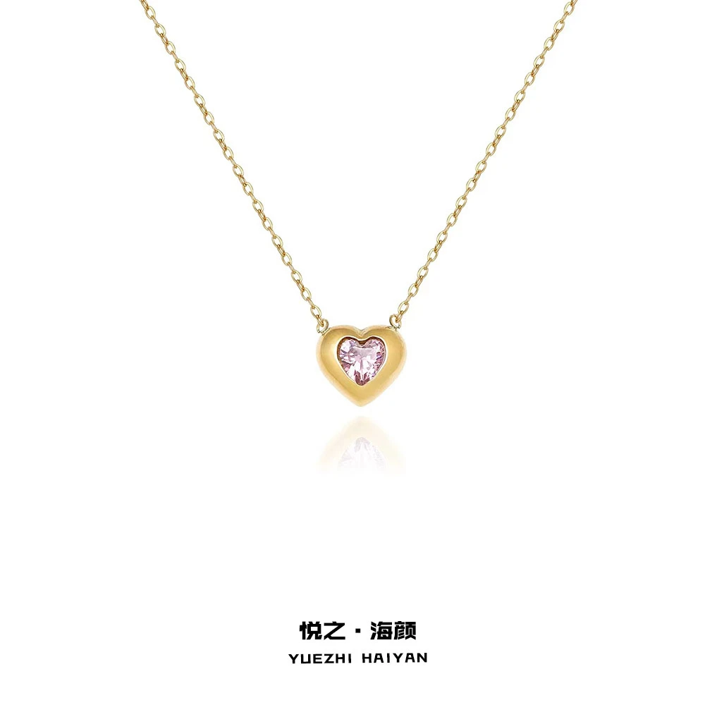 钛钢项链 原创设计款春夏新粉色锆石爱心项链女儿甜美桃心锁骨链