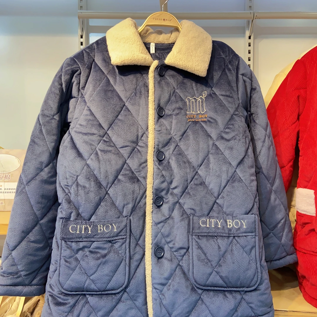 男士冬季时尚休闲翻领家居服睡衣套装三层夹棉