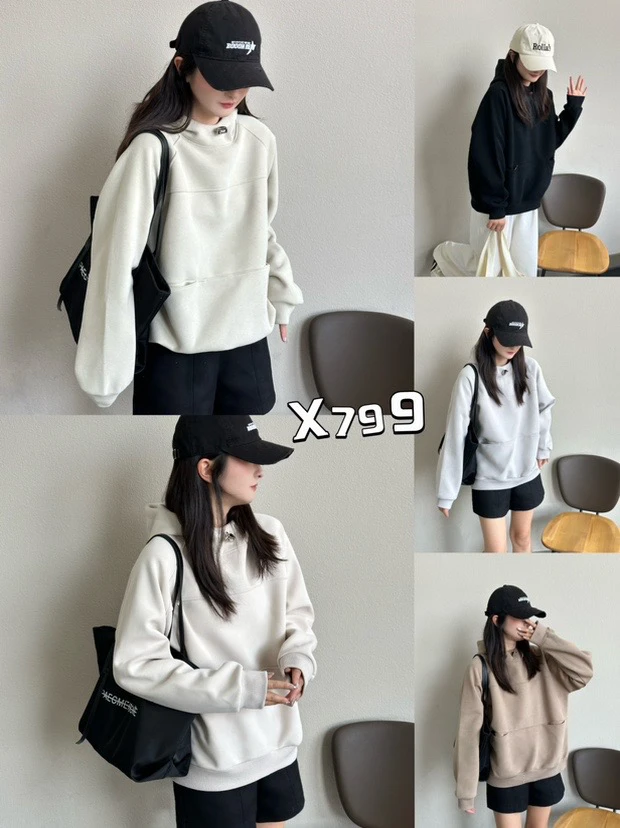 美式复古天空设计连帽纯色卫衣女潮牌连帽