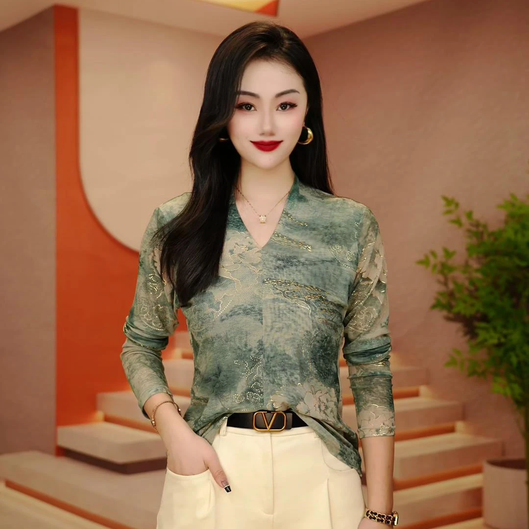 风穗 新款肌肤网纱洋气百搭修身显瘦时尚休闲气质印花春季小衫