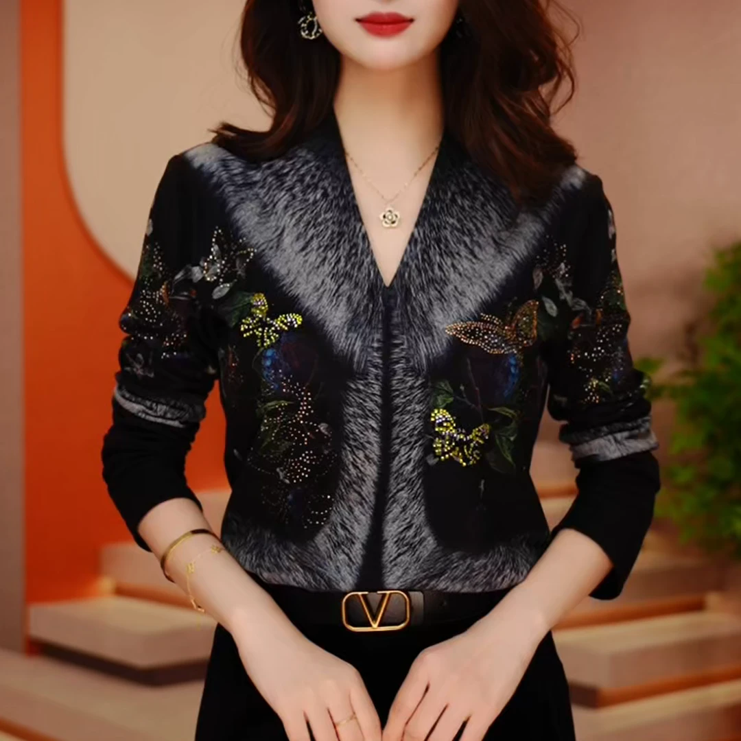 Y246153-南油时尚新款百搭显瘦复古长袖气质印花秋冬减龄V领上衣