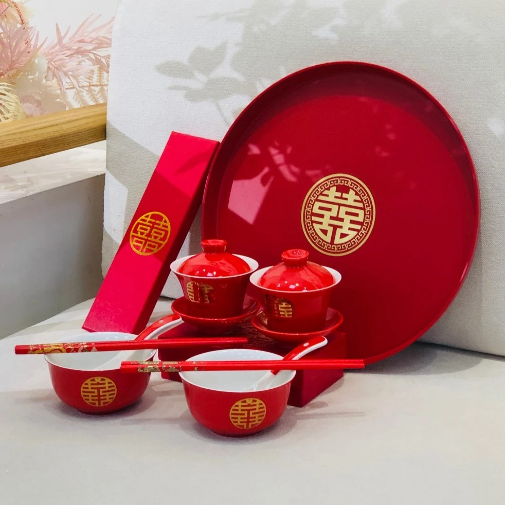 结婚敬茶杯具套装中式红色喜字碗筷礼盒新娘陪嫁礼物婚庆用品大全