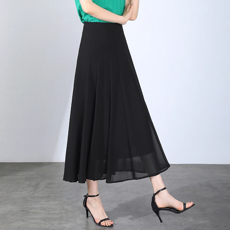 夏季雪纺气质中长款垂感显瘦a字裙薄半身裙百褶裙女2024新款高腰