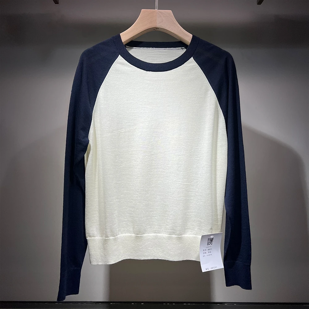 100%纯羊毛衫圆领套头拼色毛衣长袖针织衫BN825