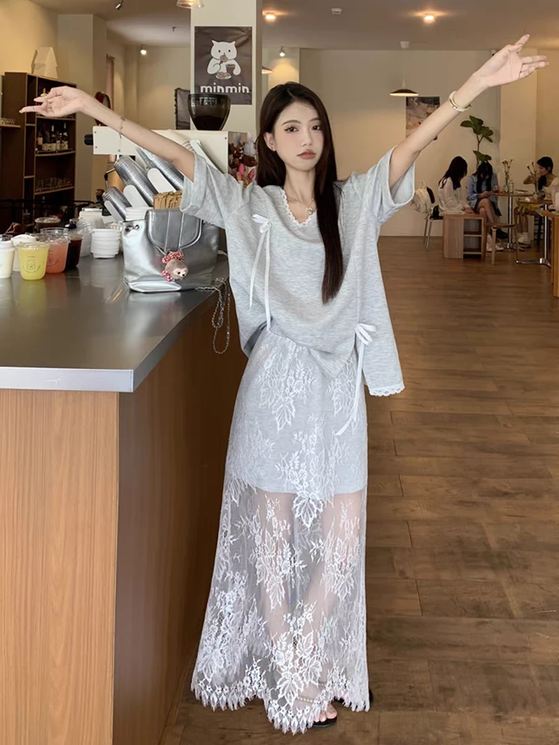 慵懒风套装女夏季韩系蝴蝶结灰色V领短袖T恤蕾丝拼接半身裙两件套