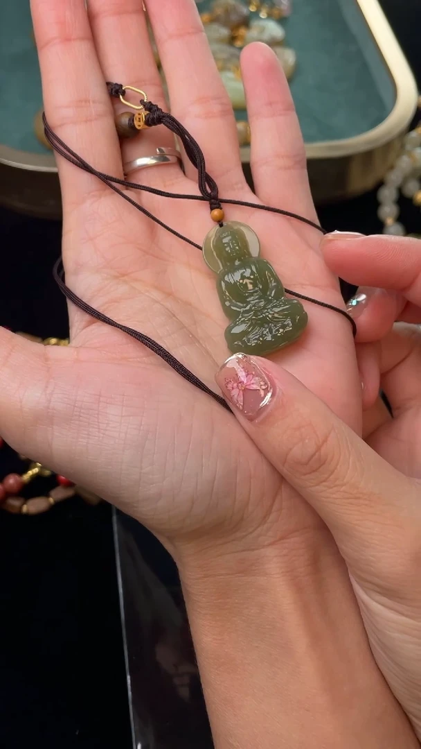 【闪购商品】和田玉颈饰银S925镶嵌【柒优选】湖绿木珠大日黑绳