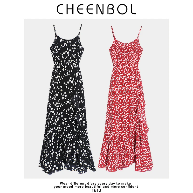 1612碎花连衣裙女夏复古红色雪纺裙子法式温柔风小雏菊吊带裙气质