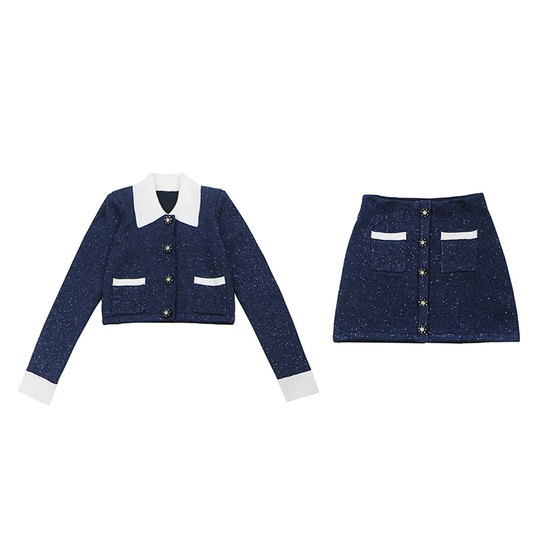 邓紫棋SP2023秋冬新款法式蓝色气质时尚拼接修身显瘦小香针织套装