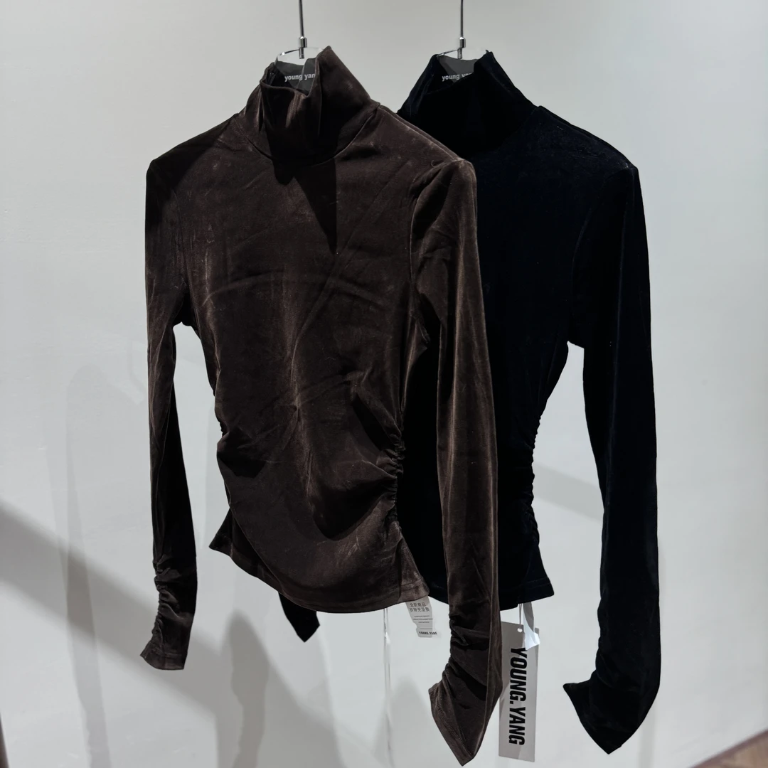 绒面打底褶皱高领上衣长袖88638