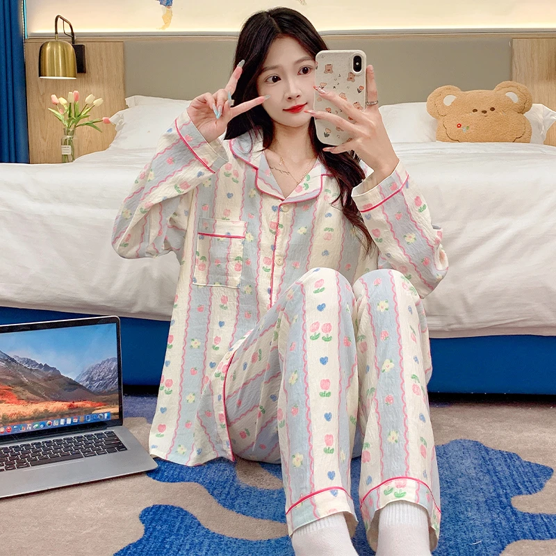 2024年秋季女士新款睡衣套装盐酷系舒适长袖休闲家居服宽松可外穿