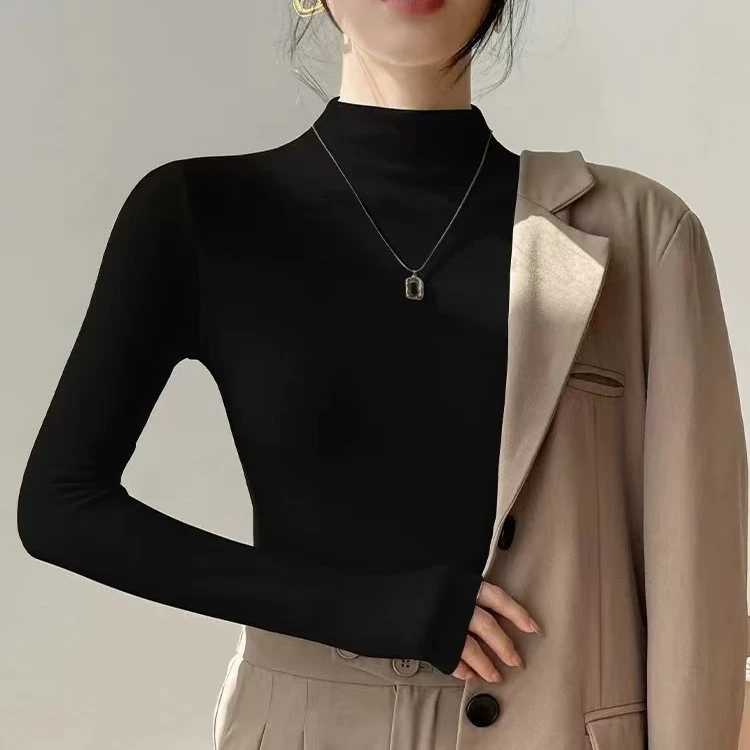 纯色百搭气质半高领长袖T恤女2024秋新款洋气内搭打底衫上衣