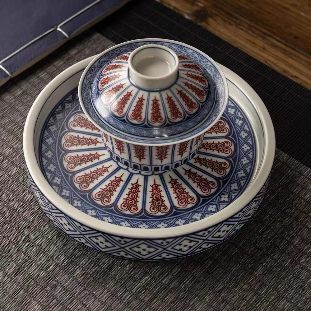 景德镇青花卷草纹盖碗泡茶碗二才悬停枢府釉盖碗大壶承套装复古色