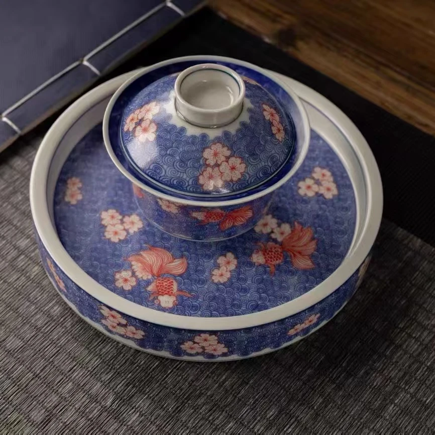 景德青花锦鲤盖碗茶杯家用功夫泡茶器悬停敬茶碗小容量不烫手套组